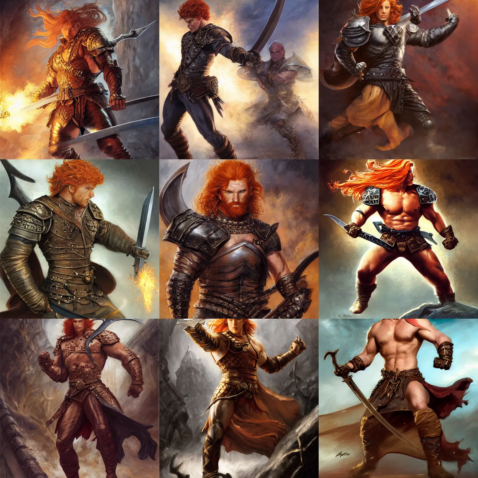 Prompt: D&d character, strong male fighter in leathers, ginger hair, dynamic action pose, straight great sword, Donato Giancola, Mark Brooks, Ralph Horsley, Charlie Bowater, Artgerm, Christopher Balaskas, Bastien Lecouffe-Deharme, Boris Vallejo