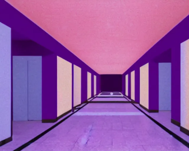 Prompt: a long hallway with a purple wall and some stairs, a hologram by michelangelo, cg society, harlem renaissance, y 2 k aesthetic, vaporwave, 1 9 9 0 s