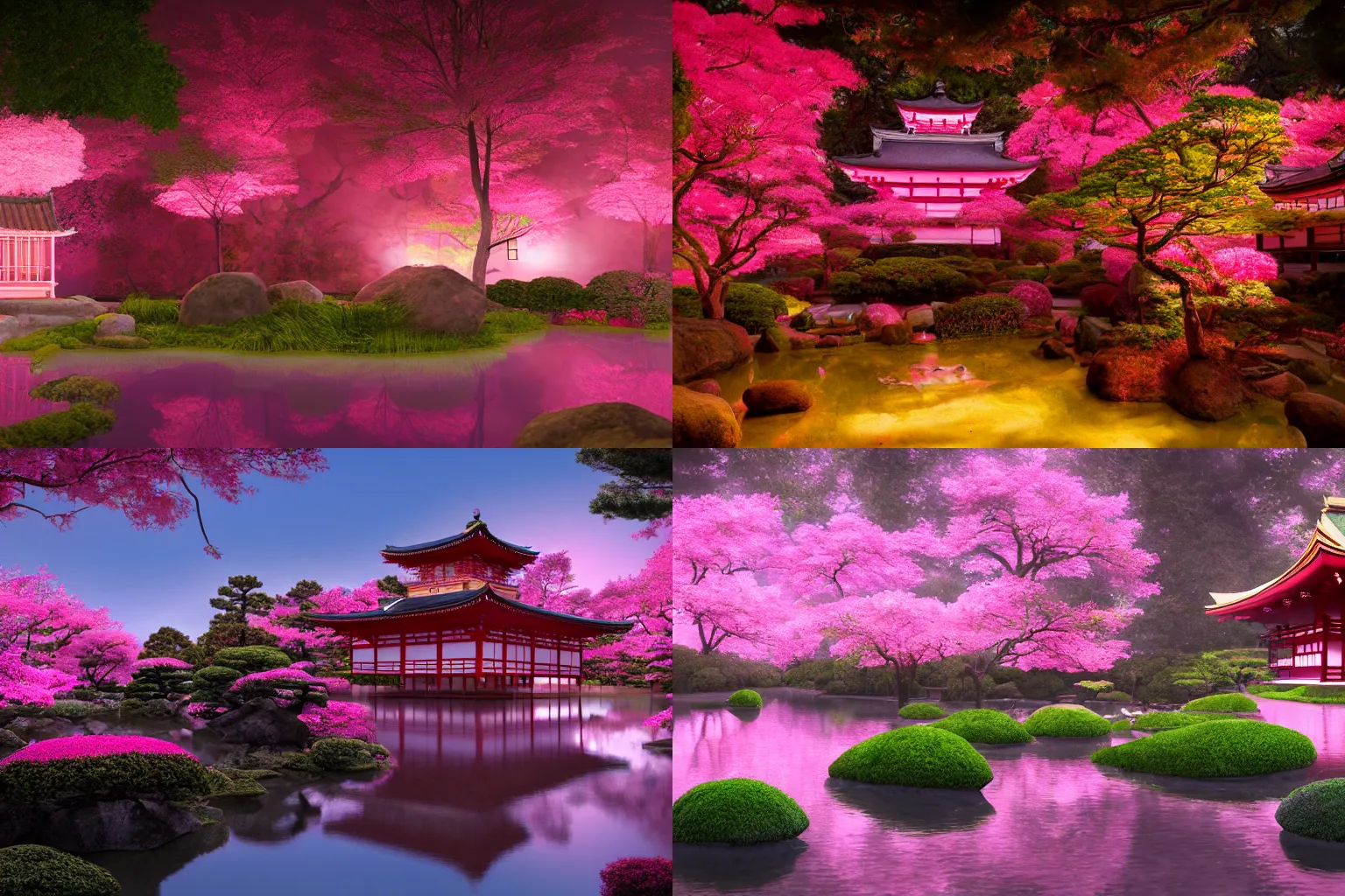 Prompt: pink Japanese garden with a temple in the middle, volumetric lighting, haunting atmosphere, photorealistic, hyperdetailed, hyperrealism, hyperrealistic, cinematic