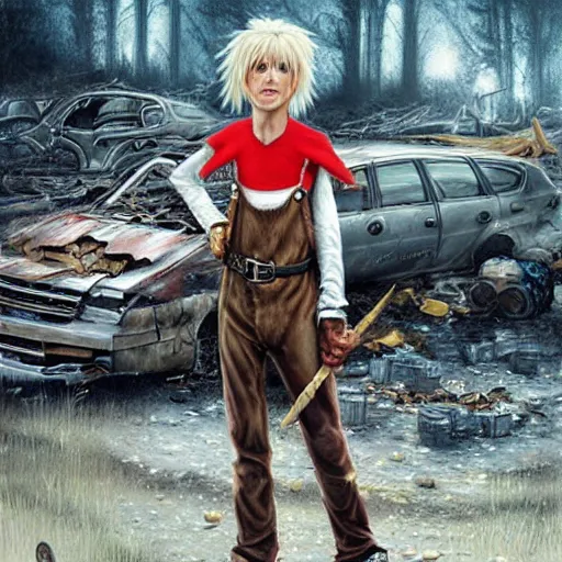 Image similar to a skinny elf with spiky blonde hair wearing dark brown overalls and holding dynamite standing next to a destroyed car, painting by artgerm