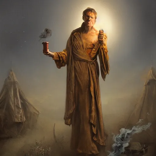 Image similar to a photographic portrait of a humanoid in robes with a halo standing in front of a tent holding a bowl of smoke!! by gustave dore and stephen hickman and allen williams, trending on artstation, cgsociety, 4 k hd, earthtone colors, skulls!! in the smoke, an open canvas tent in the background