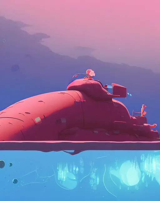 Prompt: a submarine made of red stone, deep water, glowing seaweeds, cory loftis, james gilleard, atey ghailan, makoto shinkai, goro fujita, studio ghibli, rim light, exquisite lighting, clear focus, very coherent, plain background, soft painting