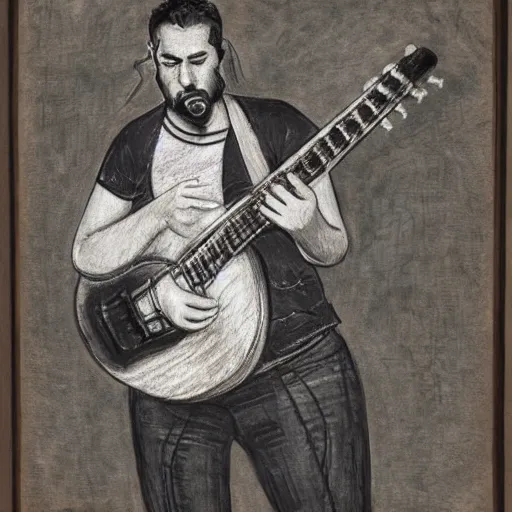 Image similar to an _ extremely _ detailed _ masterpiece _ grunge _ drawing _ of _ a rebetiko bouzouki player _ in _ the _ style _ of _ richard _ avedon