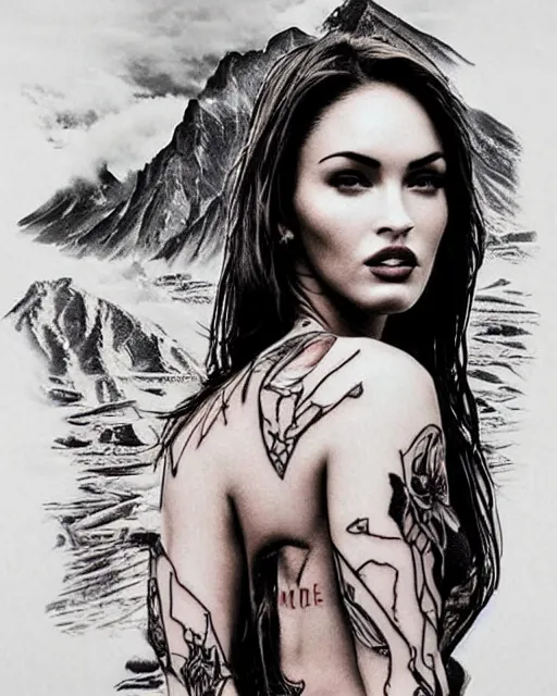 Image similar to double exposure effect tattoo design sketch of megan fox and beautiful mountains, surrealism tattoo, in the style of matteo pasqualin, amazing detail, sharp