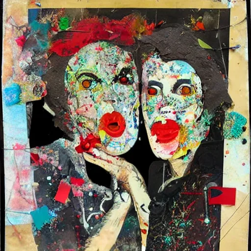 Image similar to two women kissing at a carnival in your nightmares, mixed media collage, retro, paper collage, magazine collage, acrylic paint splatters, bauhaus, claymation, layered paper art, sapphic visual poetry expressing the utmost of desires by jackson pollock