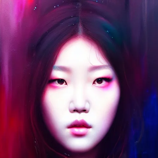 Image similar to roseanne park of blackpink, hyperrealistic portrait, bladerunner street, by karol bak and agnes cecile, fantasy art, photo realistic, dynamic lighting, artstation, poster, volumetric lighting, very detailed face, intricate complexity, rule of thirds, 8 k, award winning