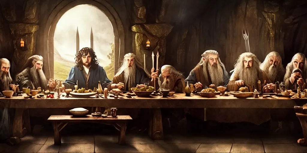 Prompt: the hobbit last supper by greg rutkowski, digital painting, trending on artstation, sharp focus, 4 k