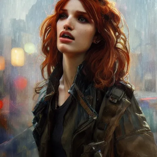 Image similar to full figure bella thorne, hyperrealistic portrait, bladerunner street, art of elysium and jeremy mann and alphonse mucha, fantasy art, photo realistic, dynamic lighting, artstation, poster, volumetric lighting, very detailed face, 4 k, award winning