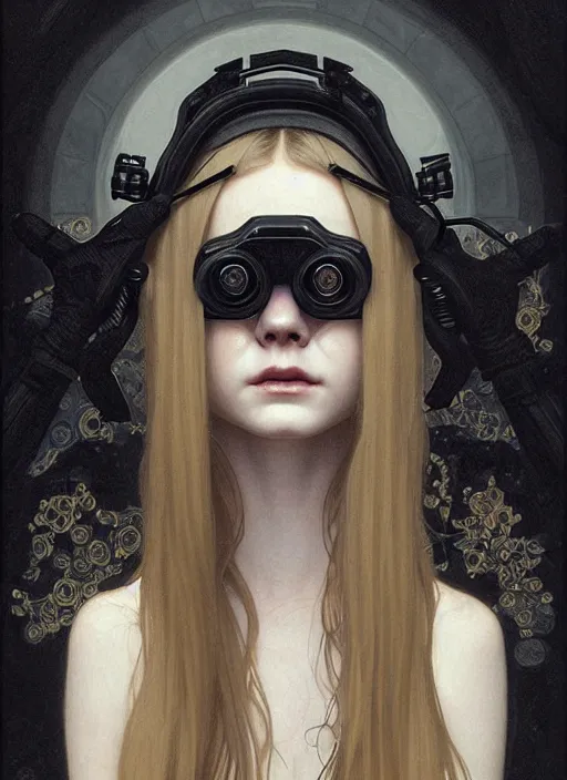 Image similar to symmetry!! portrait of elle fanning wearing night vision goggles, horror, fashion, dark!! intricate, elegant, highly detailed, digital painting, artstation, concept art, smooth, sharp focus, illustration, art by artgerm and greg rutkowski and alphonse mucha