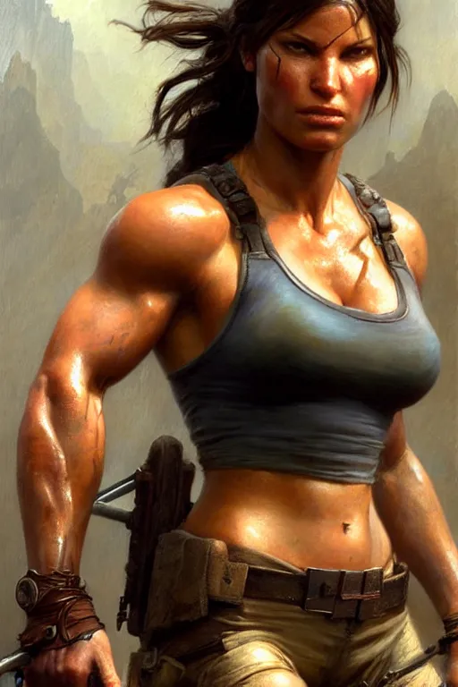 Image similar to muscular sweat lara croft, exhausted face close up, highly detailed painting by gaston bussiere, craig mullins, j. c. leyendecker 8 k