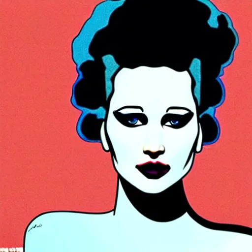 Image similar to jennifer lawrence as the bride of frankenstein, patrick nagel art style