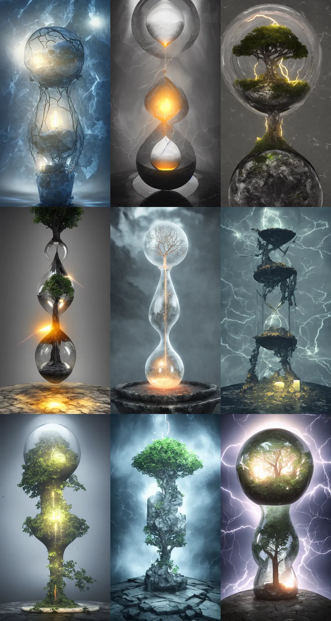 Prompt: mana tree inside a marble, hourglass, lightning, intricate detail, volumetric lighting, epic composition, hyper detailed, ultra realistic, sharp focus, octane render, candle, volumetric, ray tracing, artstation trending, cgsociety, sense of awe, swirling mist, 4 k