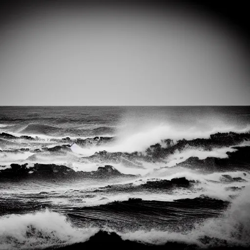 Image similar to dark ocean, towering waves, black, grey - scale, highly turbulent, deep focus, no sky, elevation view, hidden hands and faces