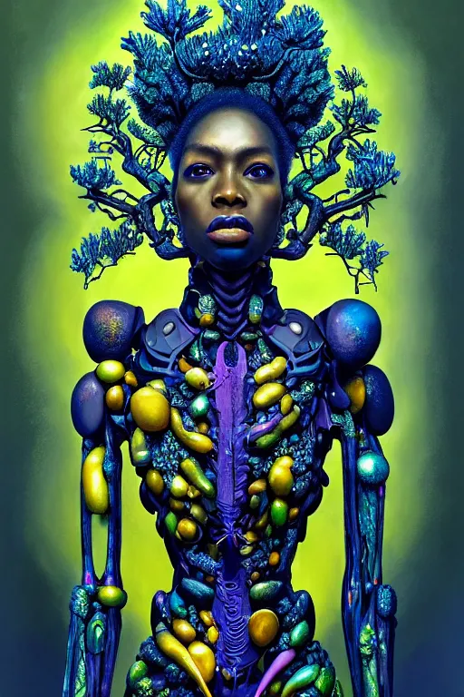 Image similar to hyperrealistic deconstructed super expressive! black woman with exoskeleton armor, merging with tree in a forest, highly detailed digital painting masterpiece smooth cam de leon hannah yata dramatic pearlescent blue yellow light ground angle hd 8k sharp focus