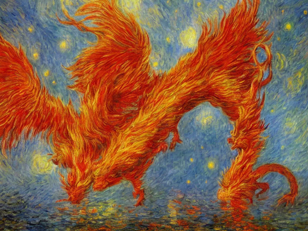 Prompt: A beautiful, highly detailed, very realistic, oil painting of a huge ancient bright red Fire Dragon with red, orange, and yellow, crystal like scales flying through the starry sky near lots of tall mountains in the middle of the night, by Monet. Impressionism, realistic.