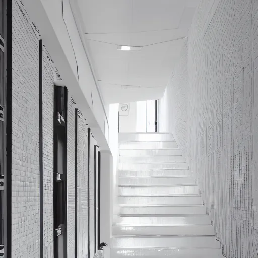 Image similar to photo of randomly connected corridors, stairs and rooms. ceramic white tiles on all the walls.