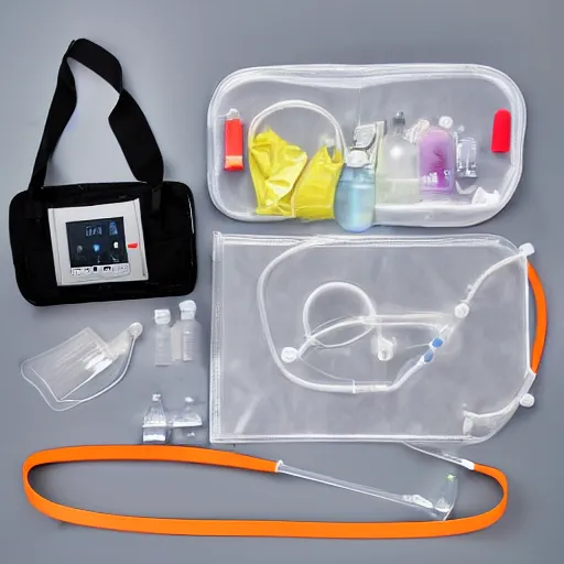 Image similar to saxophone made out of clear tubing, syringes, urine collection bag, iv pole, fluid bag, nebulizer equipment, bag - valve mask, defibrillator, coban