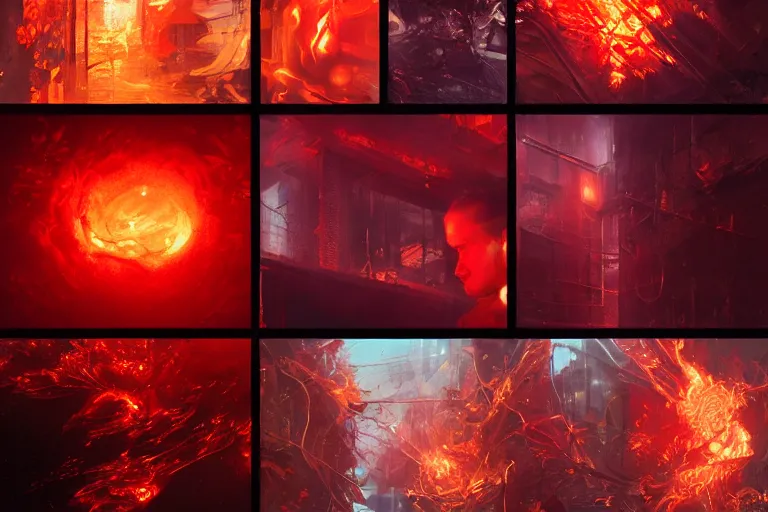 Image similar to arcs of flame, simulation of water splashes, shards of mercury, dramatic lighting, cyberpunk neon, secret cypher, red flowers, solar flares, intricate art by John Collier and Albert Aublet and Krenz Cushart and Artem Demura