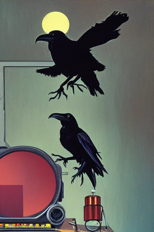 Image similar to a raven investigating 8 0 s era technology, vintage shapes, retro technology, pantone color, wayne barlow, oil on canvas, deep depth of field, masterpiece, cinematic composition, hyperdetailed