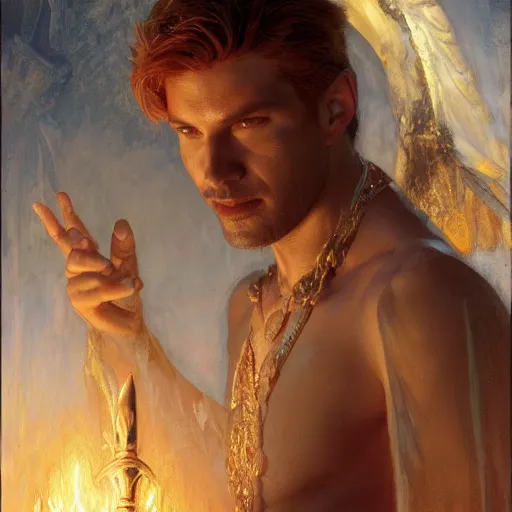 Image similar to attractive male deity casts light spell, summons attractive male lucifer morningstar. highly detailed painting by gaston bussiere, craig mullins, j. c. leyendecker 8 k