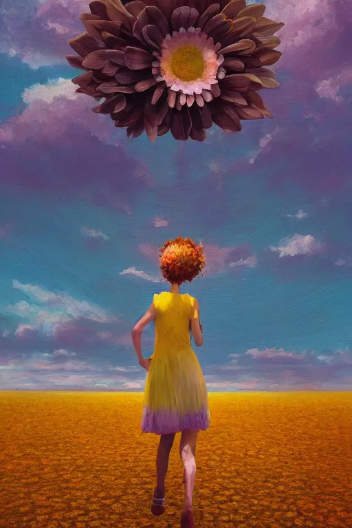 Image similar to giant daisy flower head, girl walking on salt flats mountains, surreal photography, sunrise, dramatic light, impressionist painting, colorful clouds, digital painting, artstation, simon stalenhag