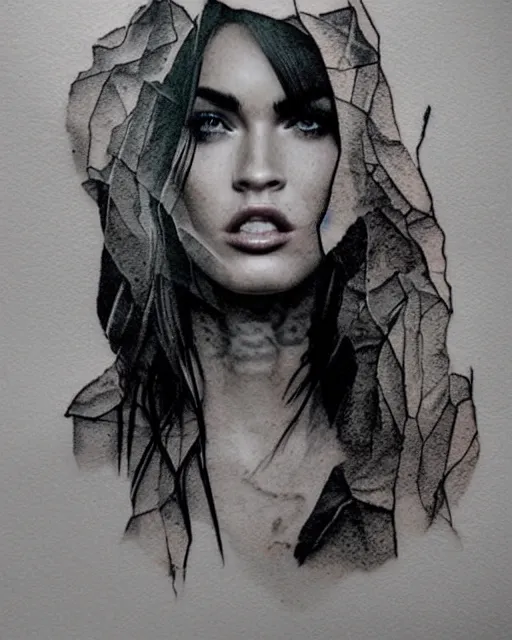 Prompt: megan fox face blended in beautiful mountain scenery, double exposure effect, medium sized tattoo sketch, amazing detail, trending on pinterest, in the style of brandon kidwell