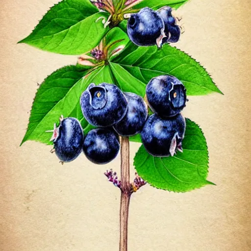 Image similar to botanical drawing of blueberry bush. Traditional art. Rustic. Nordic. Trending on artstation. Detailed. Bushy. Nature. Artistic.