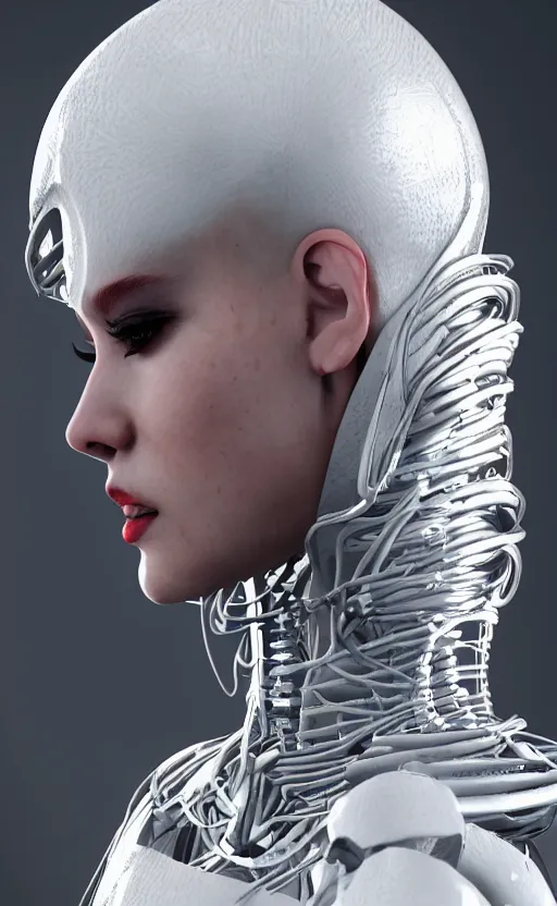 Image similar to white cyborg fashion shot, cyber copper wires and spirals hairdo, baroque design, headshot half figure, photorealistic, unreal engine, trending on artstation,