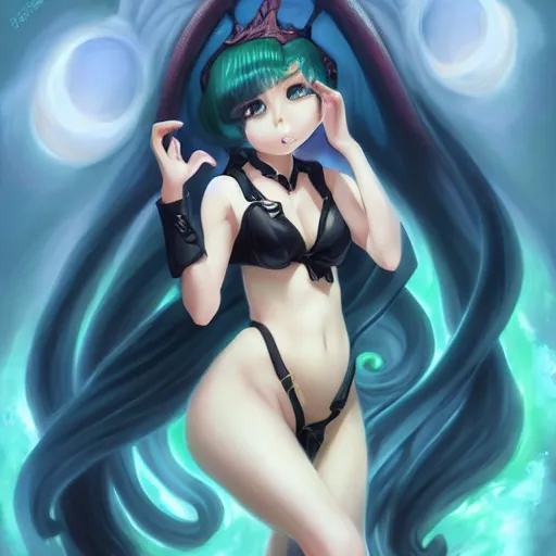 Prompt: cthulhu humanisation as a cute anime girl pinup, by rossdraws, wlop, boris vallejo, gil elvgren, enoch bolles, sleek curves, pixiv award winning, epic light, accurate detailed face, symmetry balance