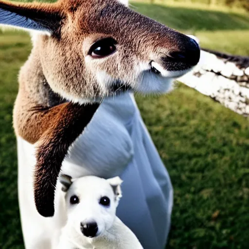 Prompt: a kangaroo and a very cute white rural dog photograph, high quality, award winning, National Geographic