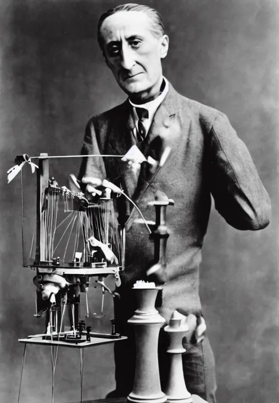 Prompt: marcel duchamp holding up a chess - piece wire - machine, a surrealist painting by marcel duchamp, complex artificial - intelligence machinery, flickr contest winner, studio portrait, 1 9 2 0 s