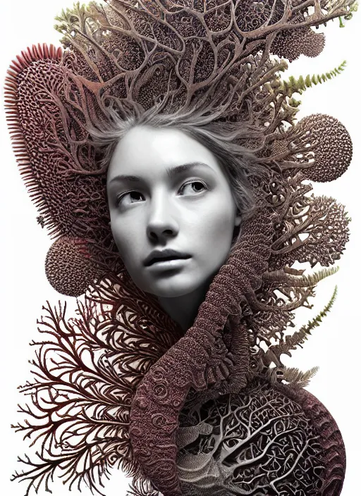 Prompt: ridiculously beautiful young womans face, layers of intricate swirling fractals of 3 d coral and fern skin, blooming, portals into dimensions, coral, birds, symmetrical, in the style of ernst haeckel, effervescent, sacred geometry, surrealism, photo realistic, epic and cinematic, 3 d, clear, sharp,