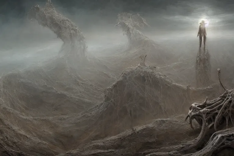 Image similar to prophecy, amazing concept painting by Jessica Rossier and HR giger and Beksinski, the middle of a valley; it was full of bones, bones that were very dry, there was a noise, a rattling sound, and the bones came together, bone to bone , I looked, and tendons and flesh appeared on them and skin covered them, but there was no breath in them and breath entered them, they came to life and stood up on their feet a vast army