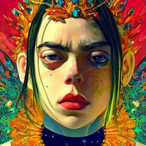 Image similar to closeup : beautiful breathtaking young billie eilish as the empress of the universe sits on stellar throne. illustration by james jean and satoshi kon and erik jones, inspired by evangelion, smooth feature, intricate oil painting, high detail illustration, sharp high detail