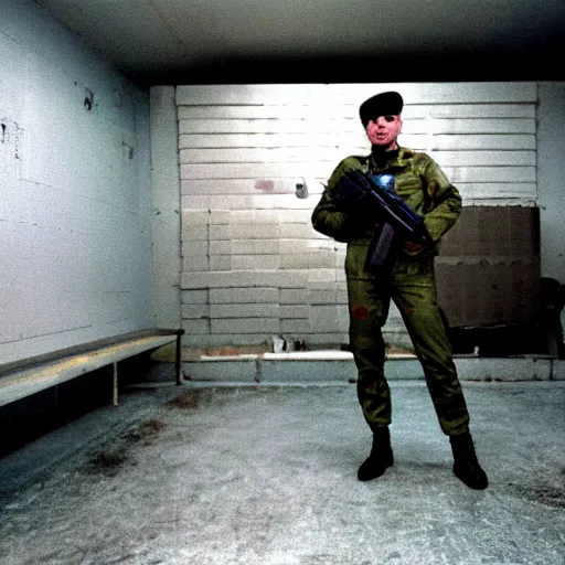 Image similar to a high quality color dutch angle wide shot film 3 5 mm depth of field photograph of a man wearing army fatigues, holding an ak - 4 7 nervously pointing it in front of him getting ready to shoot, in a secret military bunker in antarctica in 1 9 8 2