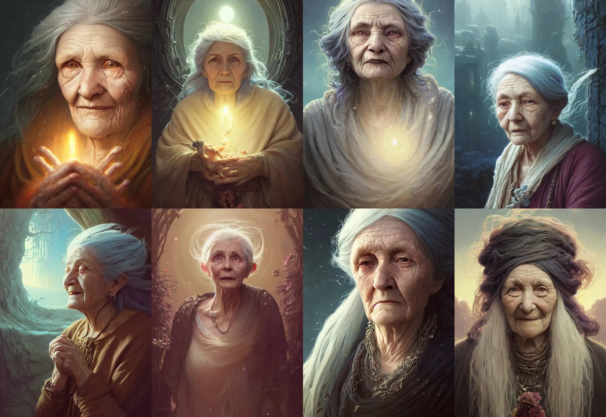 Image similar to highly detailed portrait of a very old woman with long hairs, stephen bliss, unreal engine, fantasy art by greg rutkowski, loish, rhads, ferdinand knab, makoto shinkai and lois van baarle, ilya kuvshinov, rossdraws, tom bagshaw, alphonse mucha, global illumination, radiant light, detailed and intricate environment