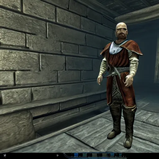 Prompt: Video game screenshot of Walter White as a guard NPC in the Elder Scrolls V Skyrim