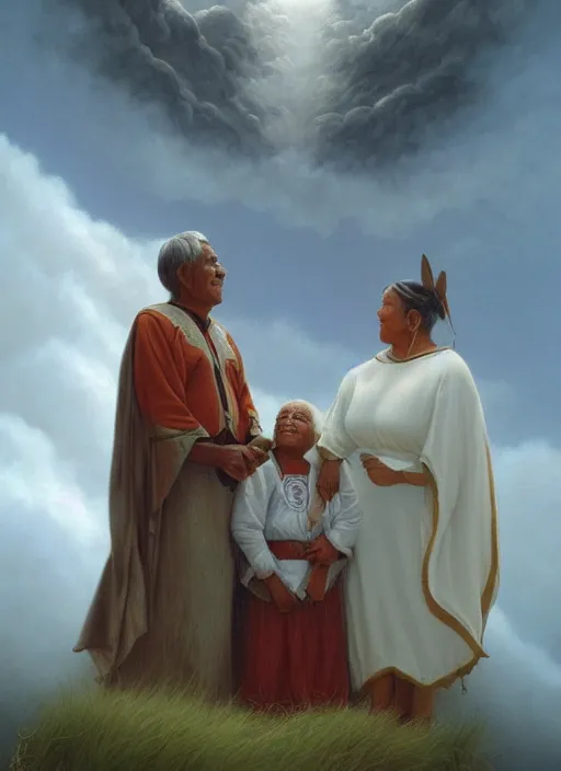 Prompt: portrait of a indigenous grandparents in the clouds, smiling, protection, benevolence, ancestors, art by christophe vacher