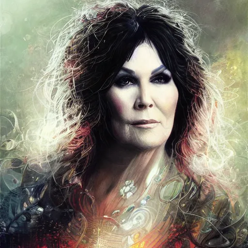 Image similar to a portrait of ann wilson of the band heart as a sorceress, urban motifs, intricate, elegant, highly detailed, digital painting, trending on artstation, concept art, smooth sharp focus, illustration, art by artgerm and greg rutkowski