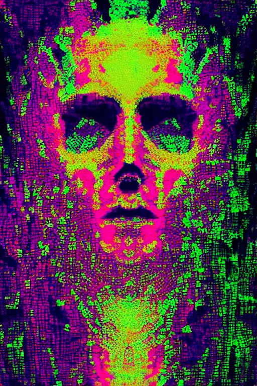 Prompt: glic format, datamoshed, pixelsorted, processing glitch art, portrait of a lich, muted colours, chromatic aberrations