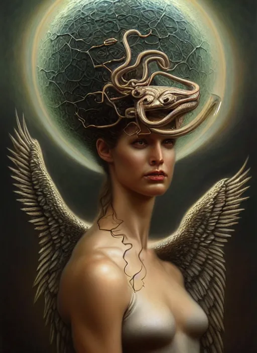 Image similar to snake eating an angel, fine art, intricate, elegant, highly detailed, realistic hair, centered, digital painting, art station, conceptual art, soft, sharp focus, illustration, artwork, artgerm, tomasz alen kopera, peter mohrbacher, donato giancola, wlop, boris vallejo