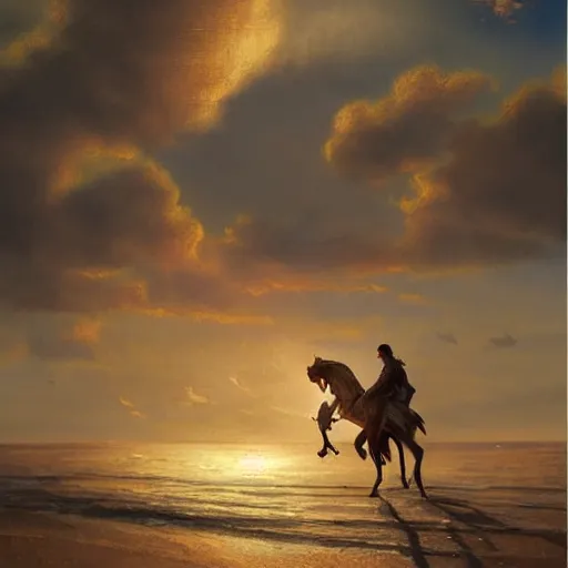 Image similar to baby yoda riding a horse on the beach at sunset by greg rutkowski