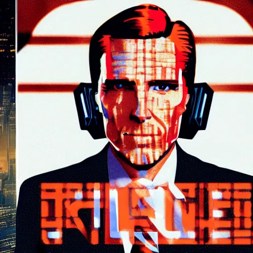 Prompt: a cyberpunk dystopian presidential portrait of president orange, with only orange hair and eyebrows, played by christian bale