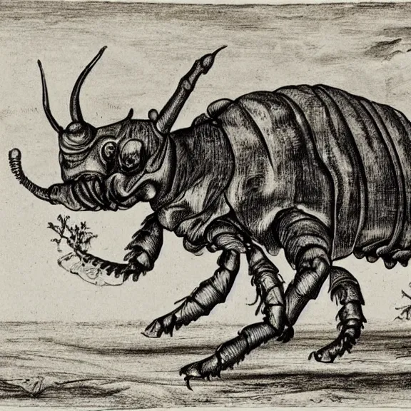 Image similar to a detailed, intricate drawing of a rhinoceros beetle rhinceros on a beach, by albrecht durer