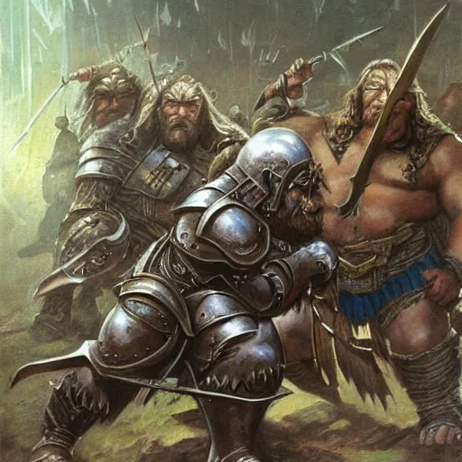 Image similar to Dwarven iron guard fighting a troll. lotr. Epic painting by james gurney.