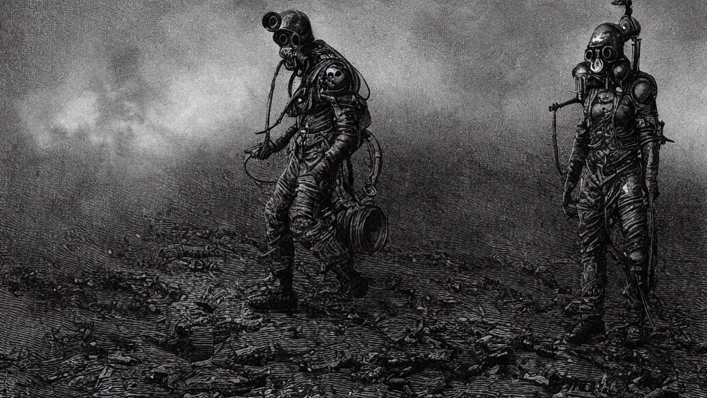 Image similar to Fallout, soldier with a gasmask, dark clouds, fire, burning, dark, eerie, night, dystopian, city, eldritch, illustration by Gustave Doré