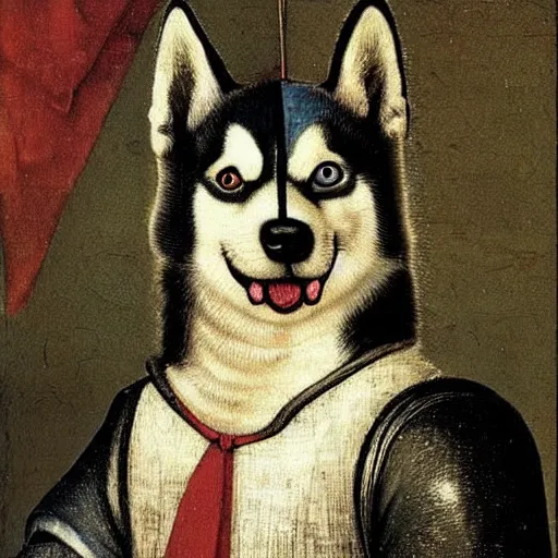 Image similar to a cute husky painted by hieronymus bosch