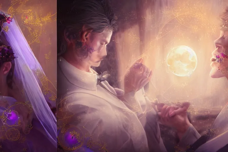 Image similar to a dreamlike cinematic portrait of wedding photograph close up moment of a divine a russia sun god and moon goddess lovers magician at a wedding banquet. portraiture. digital painting. artstation. concept art. fantasy wedding photo. digital painting, 8 k realistic, hyper detailed, violet evergarden art masterpiece by art by krenz cushart