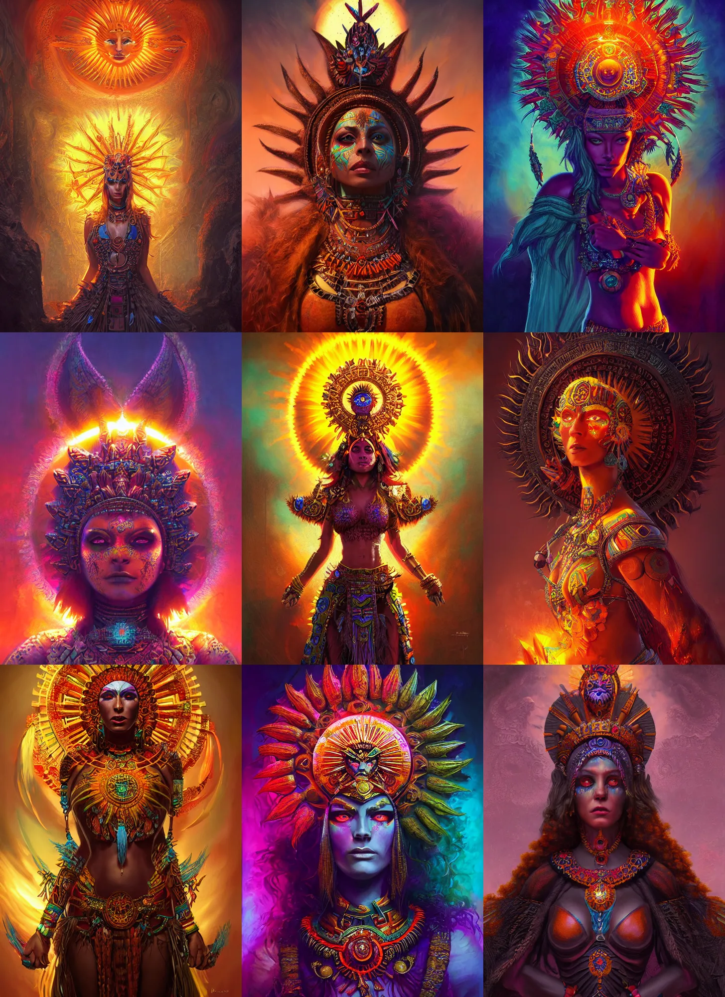 Prompt: fractal aztec sun goddess , vivid colors, dark shadows, contrast, concept art, sharp focus, digital art, Hyper-realistic, 4K, Unreal Engine, Highly Detailed, Dramatic Lighting, Beautiful, by Brom, bastien lecouffe-deharme