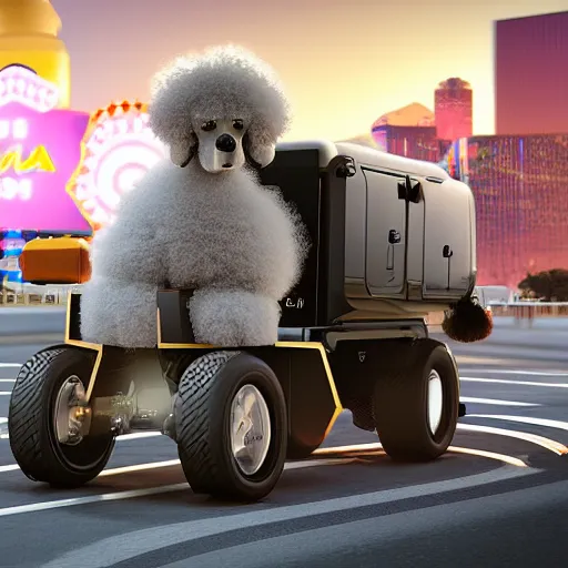 fluffy poodle driving a cybertruck in las vegas, [ 4 k Stable